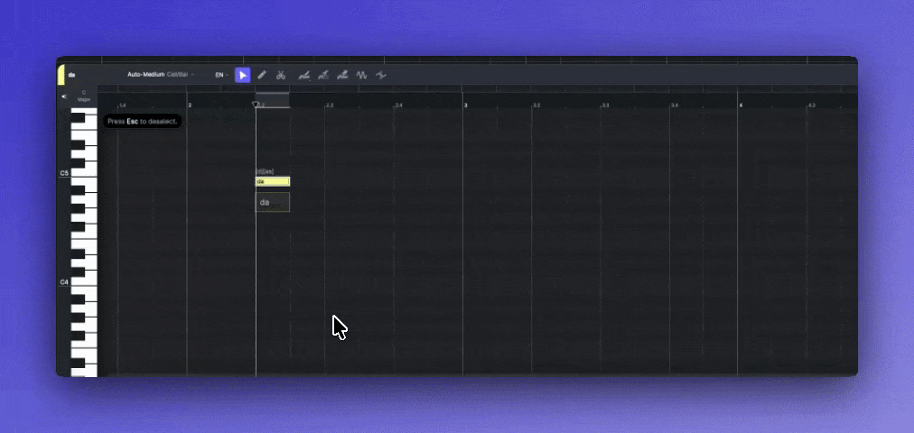 A note automatically snapping to the grid in ACE Studio, demonstrating the Grid and Snap feature.