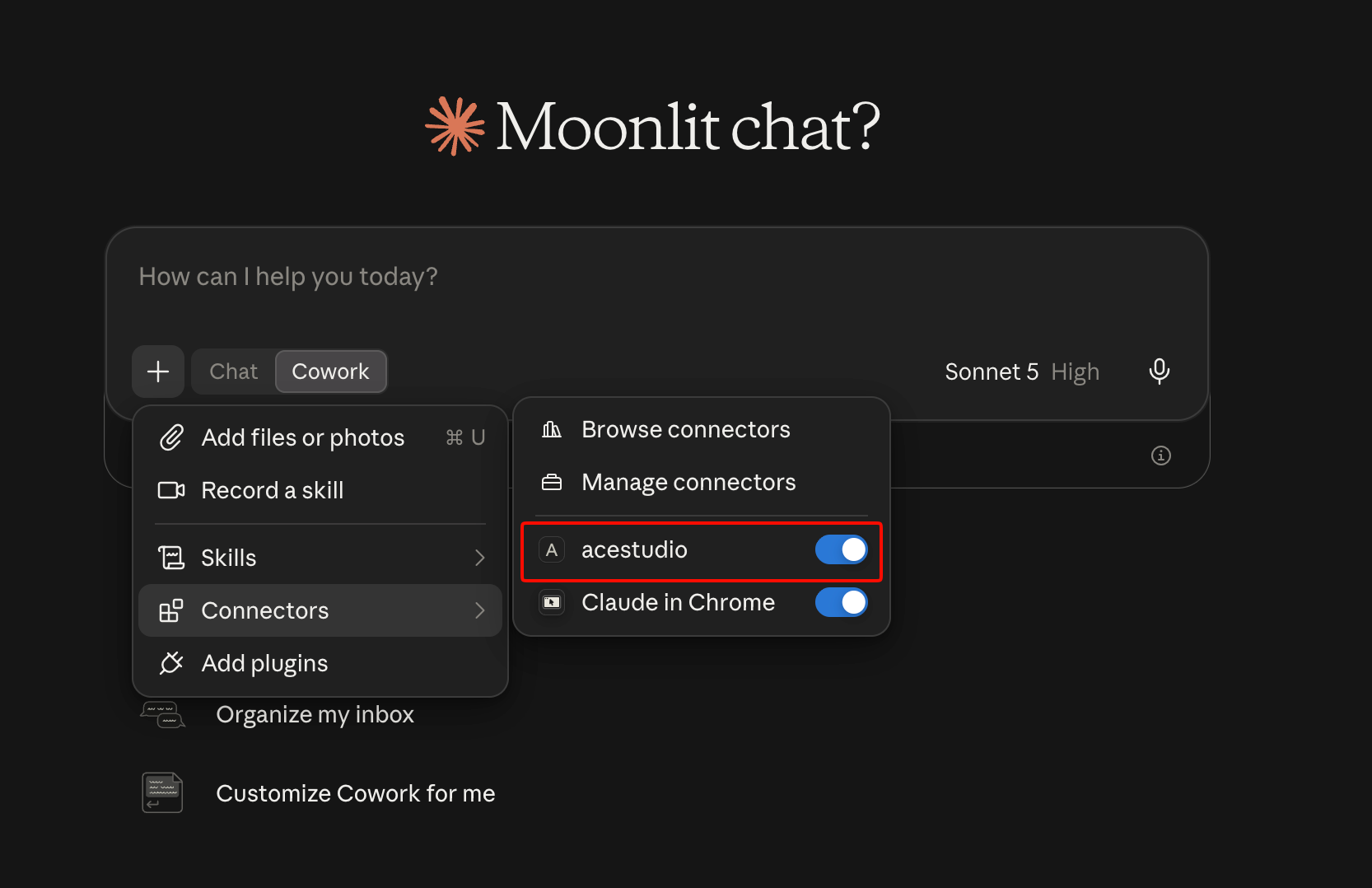 Connectors menu showing acestudio connector enabled